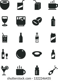 Solid Black Vector Icon Set - feeding bottle vector, measuring for, e, packing of juice with a straw, coffee, plate milk, beans, cup tea, glass soda, cocktail, can, orange, liquor, half coconut