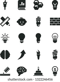 Solid Black Vector Icon Set - matte light bulb vector, children's hairdo, birthday cake, brickwork, saving, writing accessories, drawing, honeycombs, energy, book on statistics, brain, flame torch