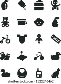 Solid Black Vector Icon Set - baby powder vector, bib, Child T shirt, rubber duck, duckling, warm socks, toy mobile phone, children's potty, teddy bear, hairdo, yule, bicycle, tricycle, pear, robot