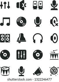Solid Black Vector Icon Set - bell vector, desktop microphone, horn, loudspeaker, silent mode, drumroll, drum, headphones, CD, regulator, no sound, pc speaker, note, settings, disco ball