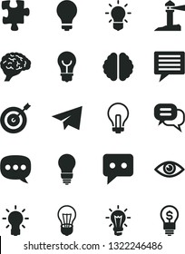 Solid Black Vector Icon Set - image of thought vector, matte light bulb, incandescent lamp, paper airplane, Puzzle, eye, coastal lighthouse, think, speech, brain, target, dialog, idea