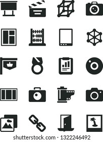 Solid Black Vector Icon Set - camera vector, spectacles, roll, movie cracker, abacus, window, frame, picture, vintage sign, billboard, statistical report, tablet pc, 3d cube, gold ring, exit door