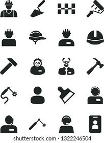 Solid Black Vector Icon Set - builder vector, workman, trowel, paint roller, ceramic tiles, construction helmet, putty knife, hammer, with claw, operator, welding, gas, man, dispatcher, scientist