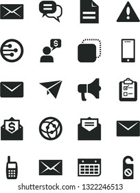 Solid Black Vector Icon Set - warning vector, envelope, scribbled paper, received letter, smartphone, survey, megaphone, copy, wall calendar, mobile phone, network, mail, dialog, plane, money