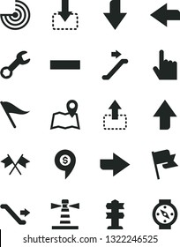 Solid Black Vector Icon Set - upward direction vector, downward, right, left, wind indicator, minus, index finger, flag, move up, down, lighthouse, repair, radar, cross flags, dollar pin, escalator