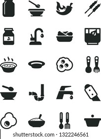 Solid Black Vector Icon Set - deep plate with a spoon vector, plates and spoons, plastic fork, iron, siphon, knife, faucet mixer, kitchen, bowl of rice porridge, in saucepan, lettuce, barbecue, pan