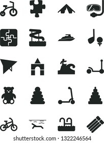 Solid Black Vector Icon Set - stacking rings vector, toy, small teddy bear, box of bricks, child bicycle, Kick scooter, Puzzle, Puzzles, hang glider, bike, tent, beach, pool, aquapark, diving mask