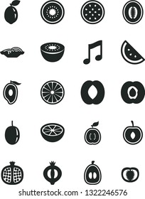 Solid Black Vector Icon Set - music vector, slices of onion, orange slice, half apricot, pomegranate, medlar, mango, peach, melon, loquat, cherry, passion fruit, kiwi, sour lime, guawa, grapefruit