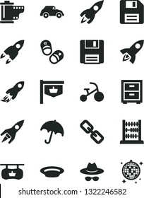 Solid Black Vector Icon Set - floppy disk vector, spectacles, hat with glasses, camera roll, bedside table, tricycle, child shoes, abacus, umbrella, plate, retro car, vintage sign, rocket, space