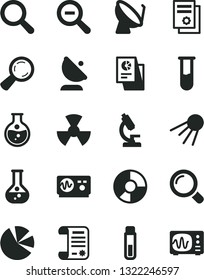 Solid Black Vector Icon Set - magnifier vector, zoom out, artificial satellite, round flask, radiation, dish, antenna, ring diagram, pie charts, statistical research, article, scientific publication