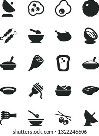 Solid Black Vector Icon Set - deep plate with a spoon vector, plates and spoons, spaghetti, noodles, bowl of buckwheat porridge, rice, lettuce in, chicken, grill leg, chop, meat on skewers, cabbage