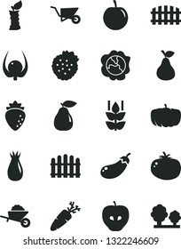 Solid Black Vector Icon Set - garden trolley vector, building, fence, hedge, tomato, carrot, strawberries, pear, mint, squash, tasty apple, raspberry, rose hip, plum, physalis, stub, eggplant, trees
