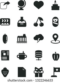 Solid Black Vector Icon Set - heart symbol vector, clean sheet of paper, mug for feeding, roly poly doll, globe, storm cloud, big data server, put in a box, move right, birthday cake, strawberry