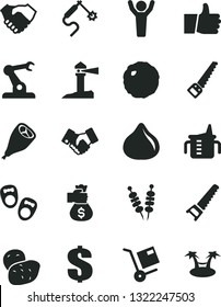 Solid Black Vector Icon Set - dollar vector, measuring cup for feeding, shoes little children, hand saw, arm, thumb up, shipment, fried vegetables on sticks, grill chicken leg, cabbage, fig, potato