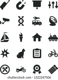 Solid Black Vector Icon Set - dna vector, settings, magnet, clipboard, medal, satellite antenna, lunar rover, presentation board, flame torch, bang, sail boat, bike, motorcycle, rolling case, cafe