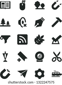 Solid Black Vector Icon Set - scissors vector, add bookmark, silent mode, rss feed, cogwheel, hammer, book, lens, trees, forest, magnet, horseshoe, water filter, mouse, biology, ink pen, pennant