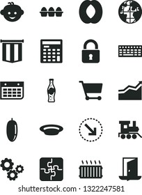 Solid Black Vector Icon Set - children's hairdo vector, baby toy train, Puzzles, lock, right bottom arrow, bundle of eggs, plate, bottle soda, half peach, date fruit, aluminum radiator, cart, gears