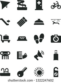 Solid Black Vector Icon Set - taxi vector, hang glider, bike, escalator, rolling suitcase, hotel, beach, sun, pool, aquapark, medical room, baggage, camera, key, loudspeaker, inflatable mattress