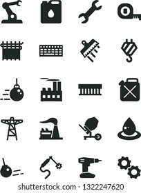 Solid Black Vector Icon Set - hook vector, big core, concrete mixer, drill, measuring tape, spatula, factory, power pole, industrial building, canister, of oil, cloth industry, drop, gas welding