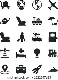 Solid Black Vector Icon Set - Baby chair vector, car child seat, toy train, suitcase, planet Earth, lighthouse, geolocation, globe, saturn, rocket, lunar rover, plane, air balloon, passenger
