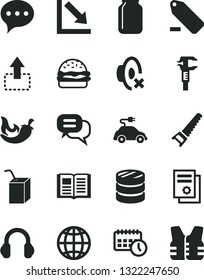 Solid Black Vector Icon Set - silent mode vector, remove label, negative chart, packing of juice with a straw, hand saw, speech, book, earth, move up, burger, chili, electric car, caliper, jar