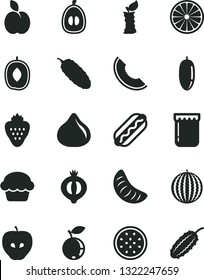 Solid Black Vector Icon Set - Hot Dog vector, cake, cucumber, jam, strawberry, apple, tasty, fig, half of medlar, blueberry, water melon, slice, delicious plum, date fruit, tangerine, loquat, orange