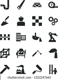 Solid Black Vector Icon Set - trowel vector, concrete mixer, arm saw, long meashuring tape, new roller, siphon, city block, tile, ceramic tiles, pavement, hammer, manufacture, factory, builder