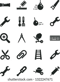 Solid Black Vector Icon Set - scissors vector, clip, zoom, electronic thermometer e, iron fork spoons, big core, garden trolley, concrete mixer, hand saw, stepladder, construction level, drawing