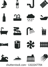Solid Black Vector Icon Set - children's bathroom vector, rainy cloud, bath, shower, siphon, construction level, new radiator, a glass of soda, bottle, marine propeller, hydroelectricity, pipes