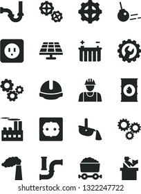 Solid Black Vector Icon Set - builder vector, gears, sewerage, power socket type b, f, construction helmet, gear, core, solar panel, water pipes, manufacture, oil, battery, industrial building