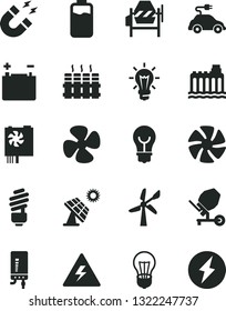 Solid Black Vector Icon Set - danger of electricity vector, concrete mixer, saving light bulb, radiator, electronic boiler, fan screw, charge level, big solar panel, wind energy, accumulator, magnet