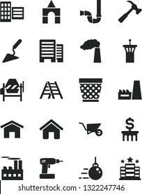 Solid Black Vector Icon Set - wicker pot vector, box of bricks, house, big core, building trolley, trowel, concrete mixer, cordless drill, ladder, siphon, buildings, city block, hammer with claw