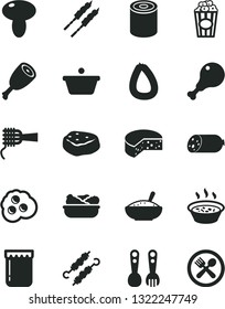 Solid Black Vector Icon Set - plastic fork spoons vector, sausage, stick of, cheese, tin, noodles, mushroom, a bowl rice porridge, in saucepan, lettuce plate, chicken leg, thigh, barbecue, piece