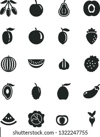 Solid Black Vector Icon Set - strawberries vector, half apricot, squash, raspberry, mulberry, water melon, of mango, loquat, goji berry, slice, tangerine, ripe plum, tasty, lemon, part guava, tomato