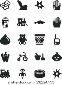 Solid Black Vector Icon Set - wicker pot vector, car child seat, toy phone, sand set, small teddy bear, funny hairdo, baby train, children's, bicycle, canned goods, peper, French fries, popcorn, fig