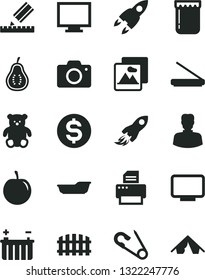 Solid Black Vector Icon Set - monitor vector, camera, open pin, bath, small teddy bear, drawing, fence, picture, jam, tasty plum, part of guava, battery, woman, space rocket, dollar, printer, tent