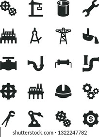 Solid Black Vector Icon Set - gears vector, adjustable wrench, sewerage, construction helmet, valve, water pipes, power pole, industrial factory, enterprise, gear, crane, robot welder, repair