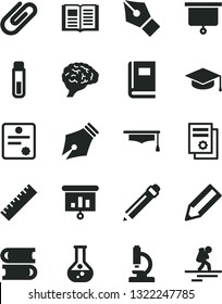 Solid Black Vector Icon Set - graphite pencil vector, yardstick, books, book, square academic hat, clip, flask, scientific publication, presentation, test tube, microscope, brain, graduate, board