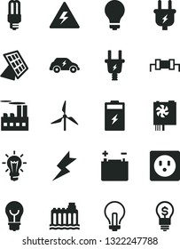 Solid Black Vector Icon Set - danger of electricity vector, matte light bulb, incandescent lamp, lightning, charging battery, windmill, accumulator, hydroelectricity, plug, electric, socket, mercury