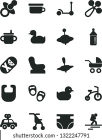 Solid Black Vector Icon Set - dummy vector, mug for feeding, measuring bottle, nappy, bib, baby rattle, chair, carriage, sitting stroller, rubber duck, duckling, motor vehicle present, tumbler, yule