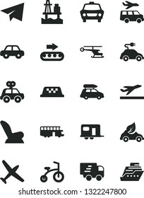 Solid Black Vector Icon Set - paper airplane vector, car child seat, motor vehicle, present, bicycle, sea port, production conveyor, eco, electric, Express delivery, helicopter, plane, baggage, bus