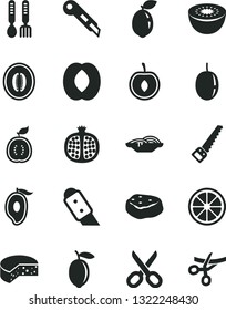 Solid Black Vector Icon Set - scissors vector, iron fork spoons, arm saw, knife, stationery, cheese, slices of onion, piece meat, half pomegranate, mango, peach, melon, cherry, passion fruit, lemon