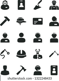 Solid Black Vector Icon Set - builder vector, workman, trowel, construction helmet, hammer, with claw, pass card, operator, welding, gas, woman, man, dispatcher, scientist, identity, access