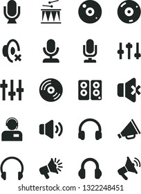 Solid Black Vector Icon Set - desktop microphone vector, horn, silent mode, drumroll, headphones, CD, volume, no sound, operator, loudspeaker, pc speaker, settings