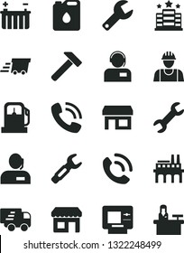 Solid Black Vector Icon Set - repair key vector, builder, hammer, phone call, operator, gas station, battery, industrial enterprise, canister of oil, steel, kiosk, stall, dispatcher, urgent cargo