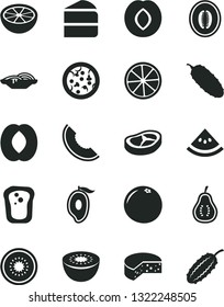Solid Black Vector Icon Set - cheese vector, pizza, slices of onion, piece cake, bacon, cucumber, sandwich, plum, slice melon, half mango, peach, kiwi, lemon, grapefruit, part guava, water