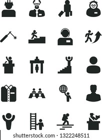 Solid Black Vector Icon Set - operator vector, folded shirt, builder, welding, woman, man, conversation, scientist, winner, arrow up, carrer stairway, hold world, with ladder, speaker, backpacker