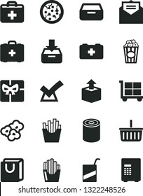 Solid Black Vector Icon Set - cargo trolley vector, grocery basket, first aid kit, bag of a paramedic, medical, e, received letter, put in box, drawer, with handles, unpacking, tin, pizza, popcorn