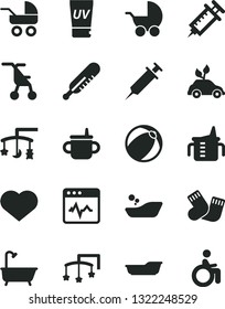 Solid Black Vector Icon Set - heart symbol vector, toys over the cradle, cot, mug for feeding, measuring cup, baby stroller, carriage, sitting, mercury thermometer, bath ball, children's bathroom
