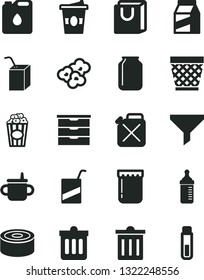 Solid Black Vector Icon Set - wicker pot vector, bin, storage unit, mug for feeding, measuring bottle, e, packing of juice with a straw, dust, bag handles, package, canned goods, popcorn, cup, jam